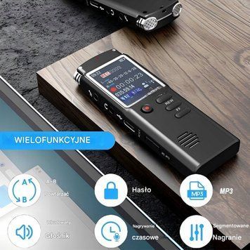 Dyktafon Szpiegowski z Podsłuchem LCD 16GB MP3 Nagrywanie Aktywacja Głosem, Czarny