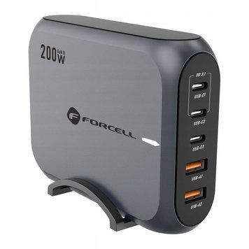 Ładowarka biurkowa stacja ładująca Forcell 200W 3x USB-C 2x USB-A PD QC GaN, Szary