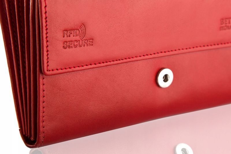 Portfel damski sk&oacute;rzany czerwony RFID duży elegancki na zatrzask, Czerwony