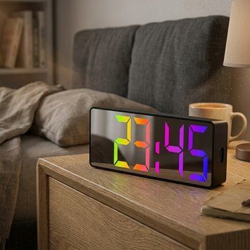 Kolorowy budzik LED cyfrowy z datą temperaturą USB tryb nocny 34 diody, Czarny