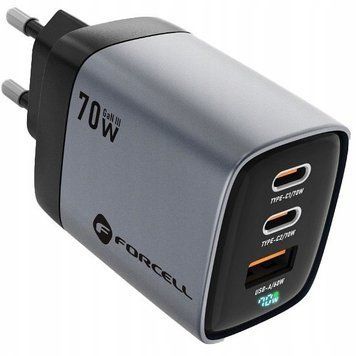 Ładowarka sieciowa uniwersalna Forcell GaN3 70W 2x USB-C USB LCD PD QC4.0, Szary