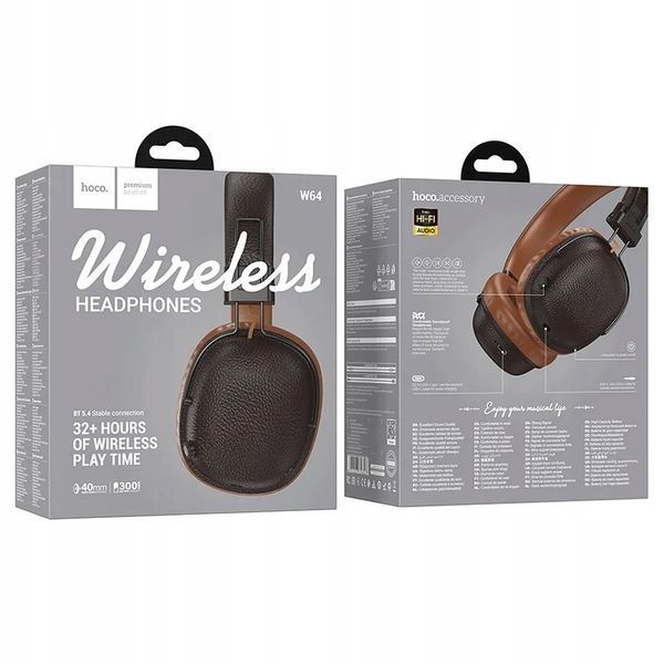 Słuchawki Nauszne Hoco W64 Brązowe 32h &ndash; BT 5.4, Składane, AUX/USB-C