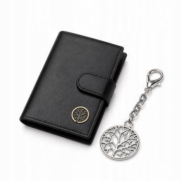 Zestaw portfel sk&oacute;rzany męski RFID + brelok metalowy elegancki, Czarny