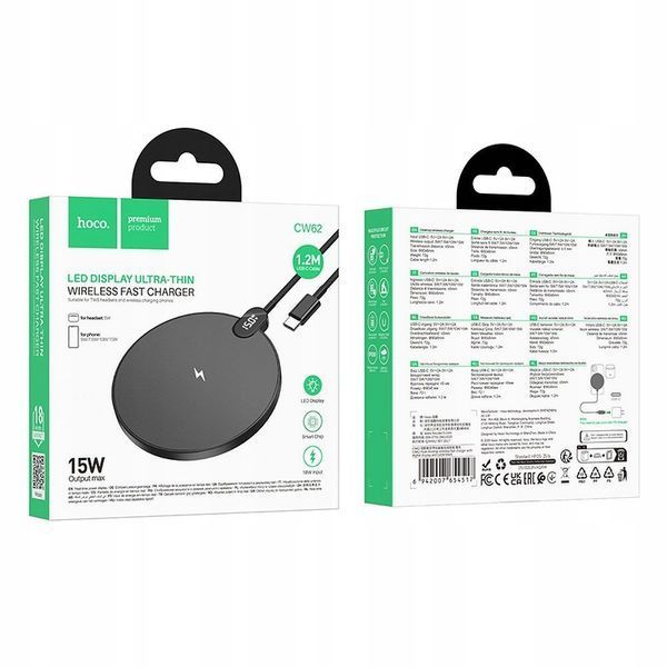 Ładowarka Indukcyjna Hoco CW62 15W &ndash; Wyświetlacz LED, Kabel USB C 1,2m, Czarny