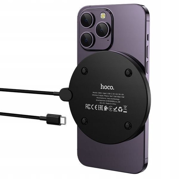 Ładowarka Indukcyjna Hoco CW62 15W &ndash; Wyświetlacz LED, Kabel USB C 1,2m, Czarny