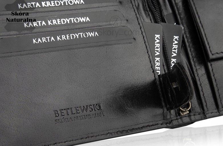 Sk&oacute;rzany portfel męski Betlewski &ndash; klasyczny czarny, Czarny