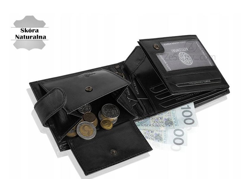 Sk&oacute;rzany portfel męski Betlewski &ndash; klasyczny czarny, Czarny