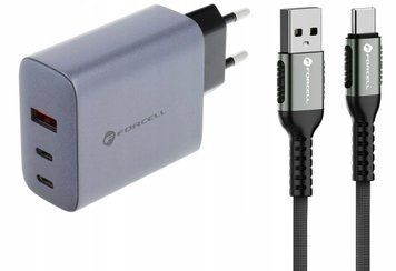 Zestaw do ładowania ładowarka sieciowa Forcell GaN + kabel USB-A/USB-C 66W, Szary