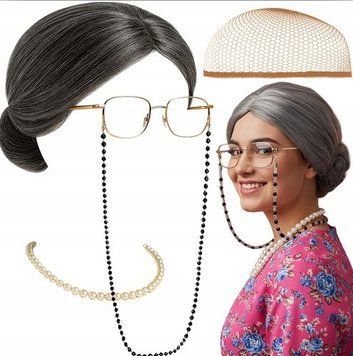 Ruhhy 5-częściowy kostium babci kostium retro, peruka, okulary i perły