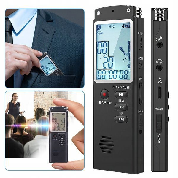 Profesjonalny Dyktafon 16GB Podsłuch z Dwoma Mikrofonami Audio MP3, Czarny
