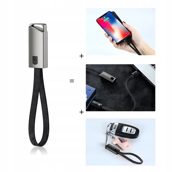 Kabel Ładowarka Brelok Smycz do Danych USB-C - USB-A Szybkie Ładowanie, Czarny
