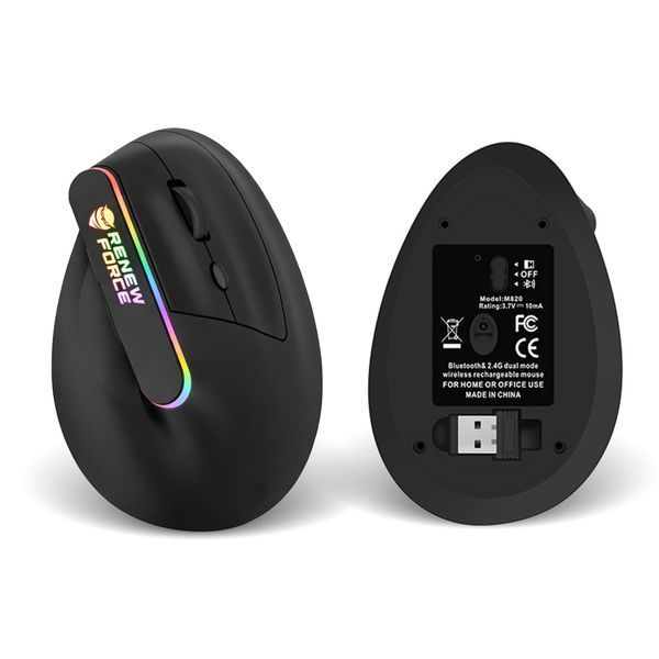Ergonomiczna mysz wertykalna bezprzewodowa Bluetooth RGB USB-C 1600 DPI, Czarny