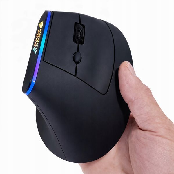 Ergonomiczna mysz wertykalna bezprzewodowa Bluetooth RGB USB-C 1600 DPI, Czarny