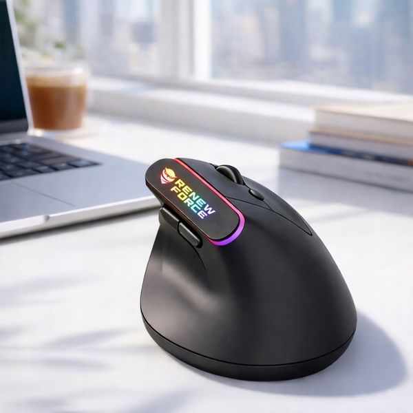 Ergonomiczna mysz wertykalna bezprzewodowa Bluetooth RGB USB-C 1600 DPI, Czarny