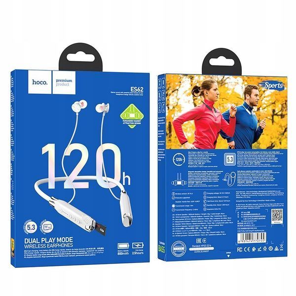 Słuchawki Bezprzewodowe Hoco ES62 800mAh &ndash; 120h, Na Szyję, TF, BT 5.3 SZARE, Szary