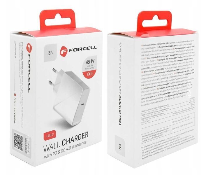 Szybka ładowarka Forcell F-Energy USB-C 45W 3A PD Quick Charge 4.0 biała, Biały