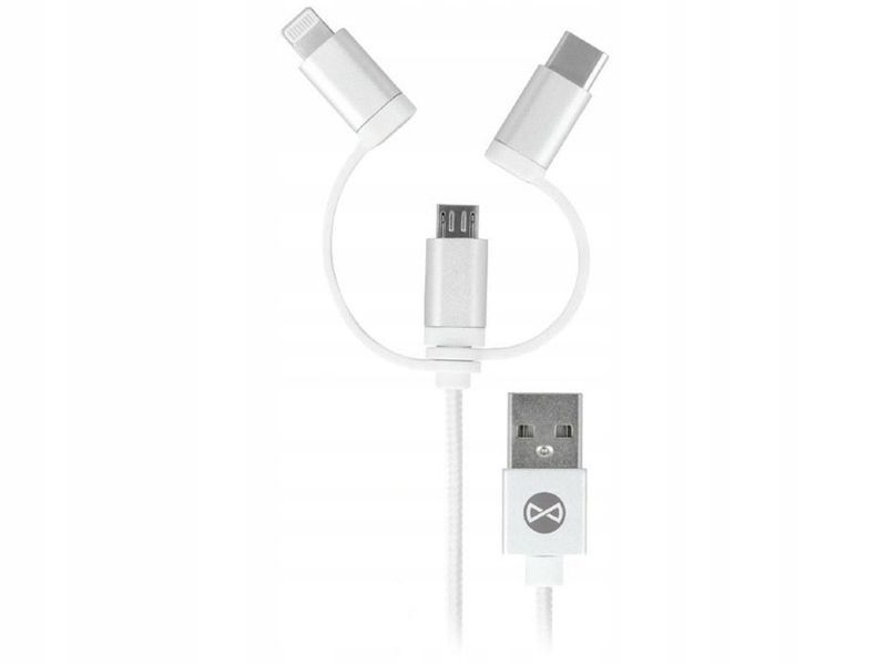 Kabel USB 3w1 Lightning USB-C microUSB 1m 1.5A nylon do ładowania, Biały