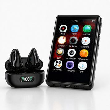 Zestaw MP4 8GB ekran 3.6" Bluetooth + słuchawki TWS powerbank, Czarny