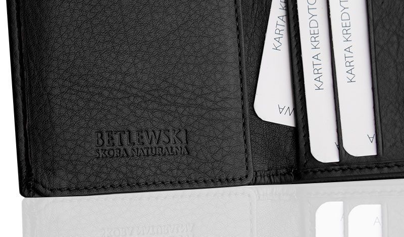 Sk&oacute;rzany portfel damski RFID zatrzask miejsce na dow&oacute;d czarny, Czarny