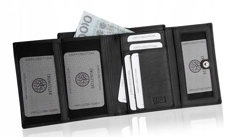 Sk&oacute;rzany portfel damski RFID zatrzask miejsce na dow&oacute;d czarny, Czarny