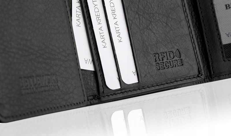Sk&oacute;rzany portfel damski RFID zatrzask miejsce na dow&oacute;d czarny, Czarny