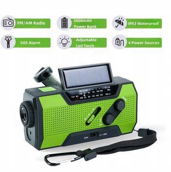 Radio awaryjne solarne z korbką z powerbankiem 2000mAh SOS AM/FM/WB, Zielony