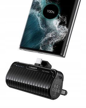 Powerbank VEGER PlugOn 5000mAh 20W wbudowane złącze USB typ C - na podr&oacute;ż, Czarny