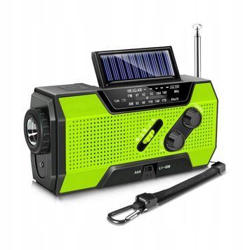 Radio Solarne Korbowe AM/FM Dynamo Wodoodporne LED Lampa Power Bank, Zielony