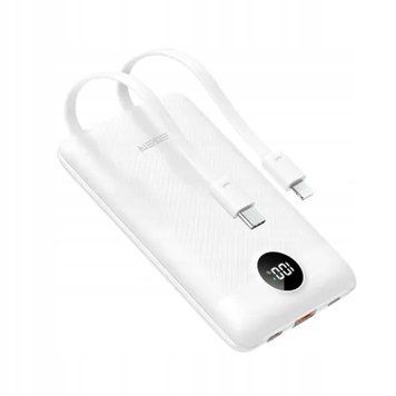 VEGER powerbank 10 000 mAh z wbudowanymi kablami Typ C / Lightning PD QC3.0, Biały