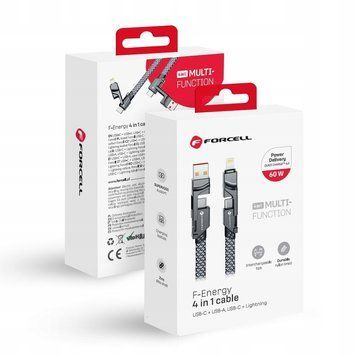 Kabel 4w1 Forcell C241 60W PD/QC &ndash; USB-C/A do Lightning/C, Nylon 1m, Czarny