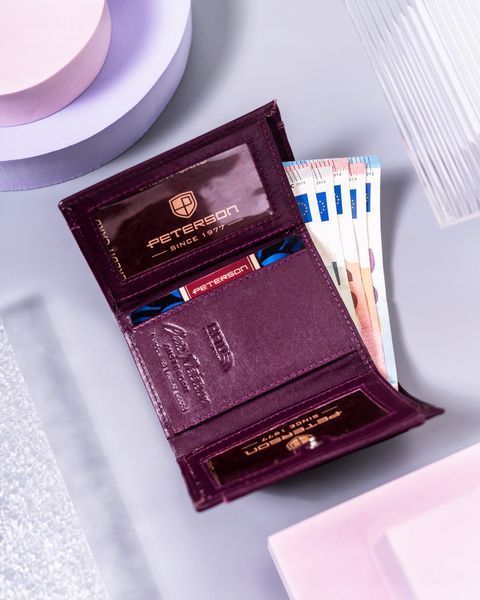Portfel sk&oacute;rzany RFID fioletowy mały zatrzask kieszeń na bilon, Fioletowy