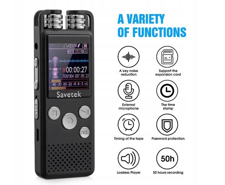 Profesjonalny dyktafon cyfrowy Savetek GS-R07, 32 GB pamięci, stereo, Czarny