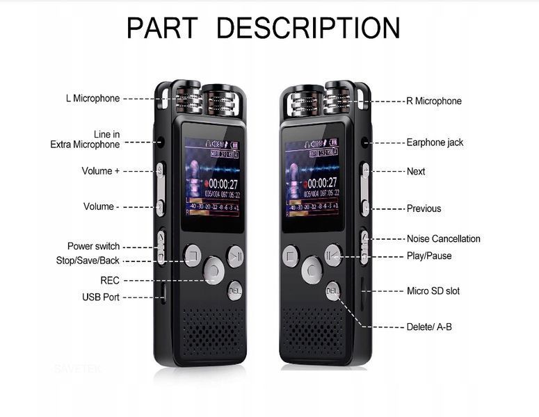Profesjonalny dyktafon cyfrowy Savetek GS-R07, 32 GB pamięci, stereo, Czarny
