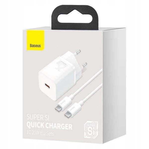 Ładowarka sieciowa Baseus USB-C 25W PD QC 3.0 AFC + kabel USB-C, Biały