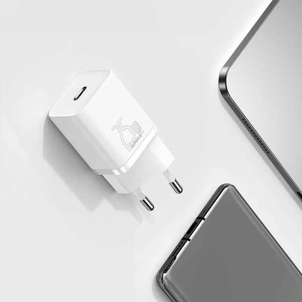 Ładowarka sieciowa Baseus USB-C 25W PD QC 3.0 AFC + kabel USB-C, Biały