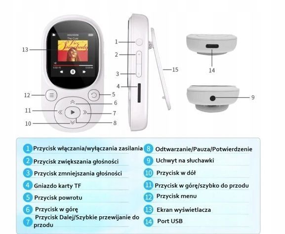 MP3 odtwarzacz z 64GB LCD 1.44-calowy ekran typu c Port z radiem FM, Biały