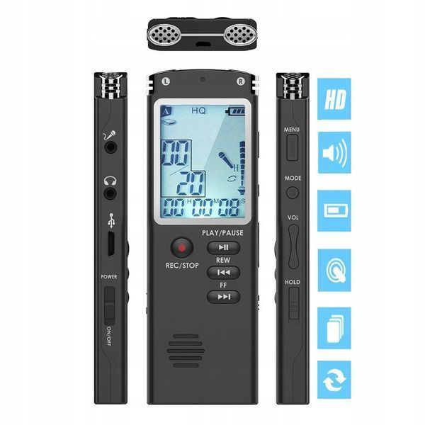 DYKTAFON T60 ZESTAW PROFESJONALNY CYFROWY PODSŁUCH AUDIO 8Gb, Czarny