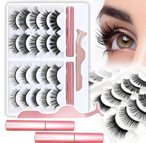 Zestaw rzęs magnetycznych 10 par, sztuczne długie z pęsetą i 2x eyelinerem, Czarny