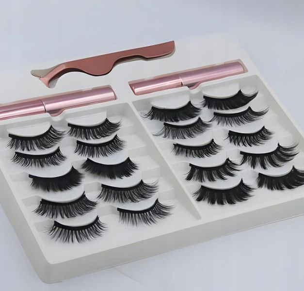 Zestaw rzęs magnetycznych 10 par, sztuczne długie z pęsetą i 2x eyelinerem, Czarny