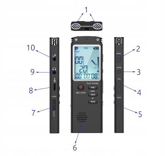 DYKTAFON T60 ZESTAW PROFESJONALNY CYFROWY PODSŁUCH AUDIO 8Gb, Czarny
