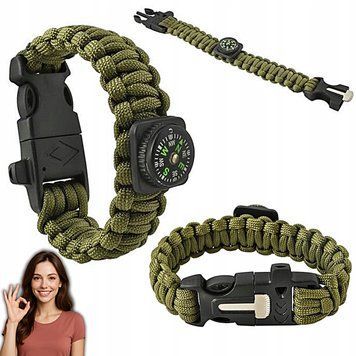 BRANSOLETKA OPASKA SURVIVALOWA 5w1 PARACORD KRZESIWO KOMPAS OSTRZE LINKA 3m