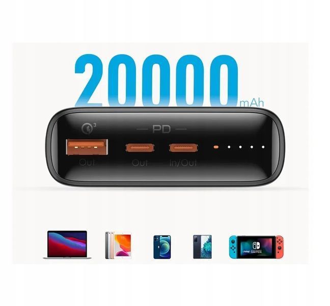Power bank 20000 mah 100 w PD QC szybkie ładowanie do laptopa USB-C, Czarny