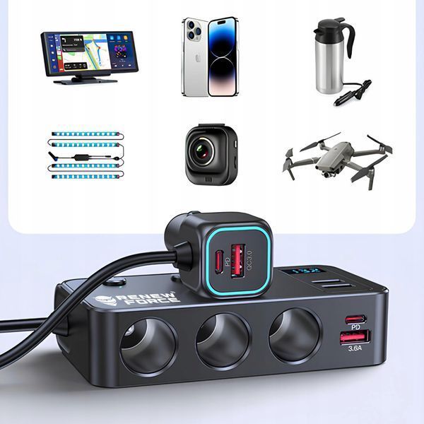 Rozdzielacz zapalniczki samochodowej 12V/24V 3 gniazda 4x USB QC PD