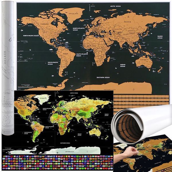Dekoracyjna mapa zdrapka świata w tubie z flagami i detalami geograficznym