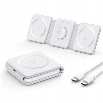 Ładowarka indukcyjna 3w1 składana 15W USB-C Qi magnetyczna biała, Biały