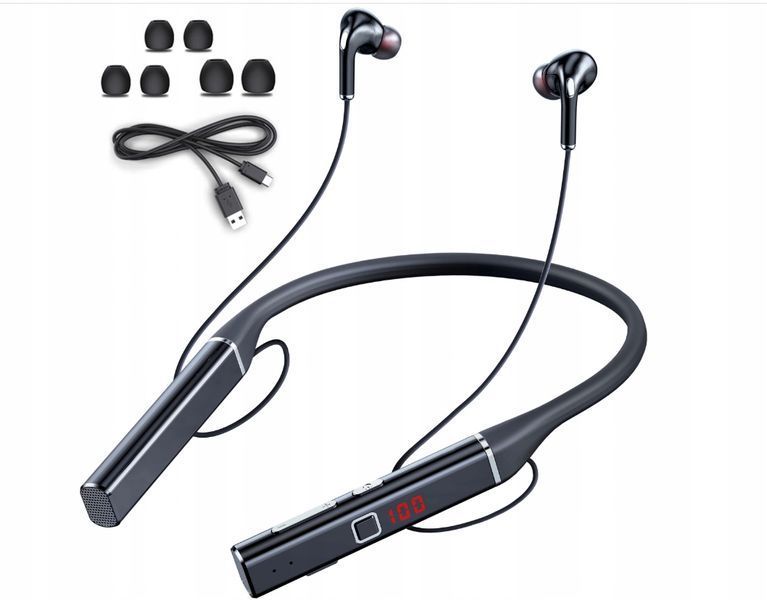 Słuchawki Bluetooth 5.0 neckband 800mAh MicroSD 100h pracy, Czarny