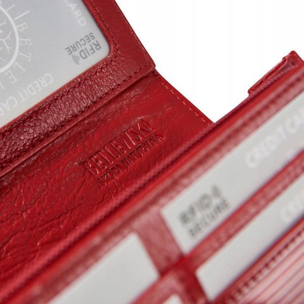 Portfel damski sk&oacute;rzany czerwony duży RFID na zatrzask i dokumenty, Czerwony