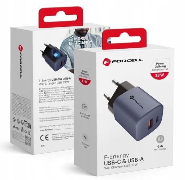 Szybka ładowarka Forcell F-Energy USB-C USB-A 33W PD QC4.0 GaN 20V czarna, Szary