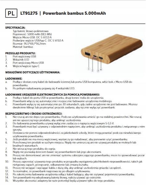 Powerbank Ładowarka 5000mAh Power Bank Pojemny Bambus USB C Micro-USB, Brązowy