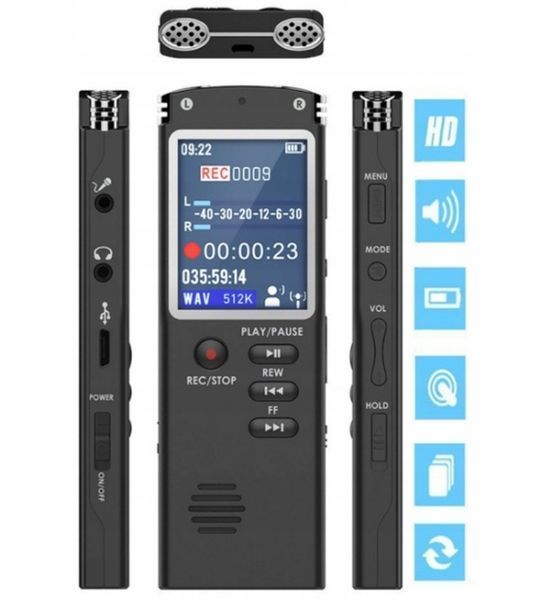 Profesjonalny dyktafon MP3 16GB LCD z VOR i radiem FM, Czarny